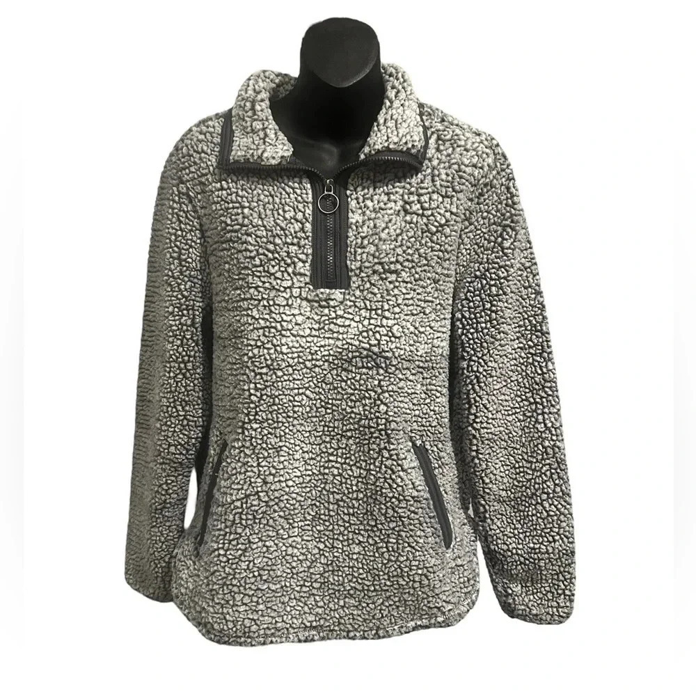 Cozy Sherpa Women's Gray Blue Faux Fleece Pullover 1/4 Zip Jacket Coat medium‎ - Picture 3 of 5